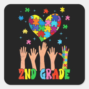 2nd Grade Heart Autism Awareness Back To School Square Sticker