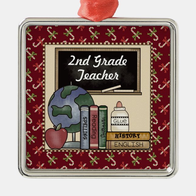 2nd Grade Teacher Christmas Keepsake Metal Ornament (Front)