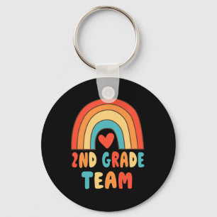 2nd Grade Team - Teacher Rainbow Heart 70s Retro B Keychain