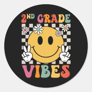 2nd Grade Vibes Girls Retro Smile Teacher Team Sec Classic Round Sticker