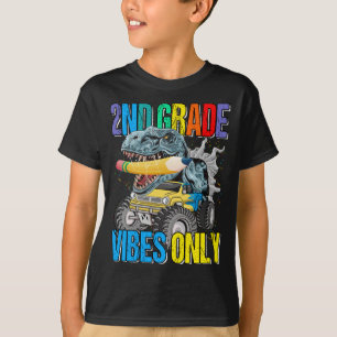2nd Grade Vibes Only Monster Truck Dinosaur Boys  T-Shirt