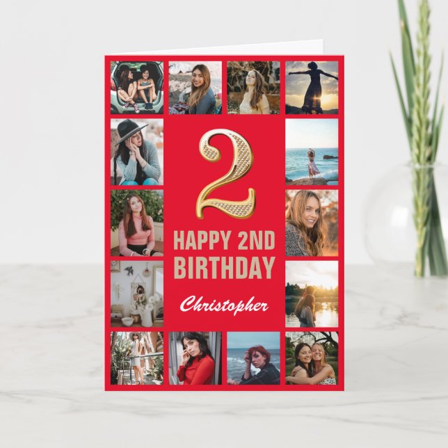 2nd Happy Birthday Red and Gold Photo Collage Card (Front)