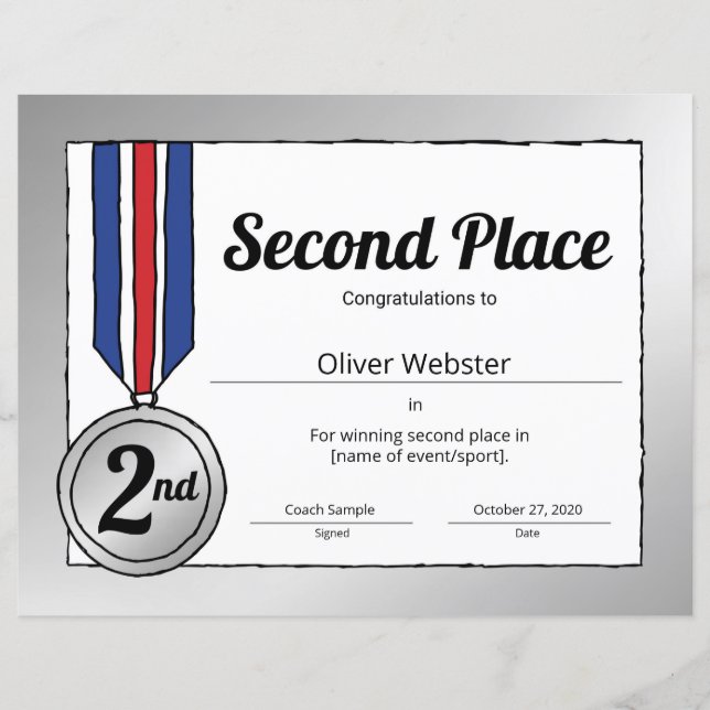 2nd Place Certificate Sports Certificate (Front)
