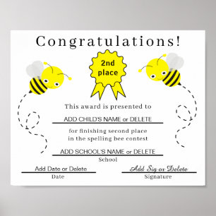 2nd Place Spelling Bee Certificate for Kids Poster