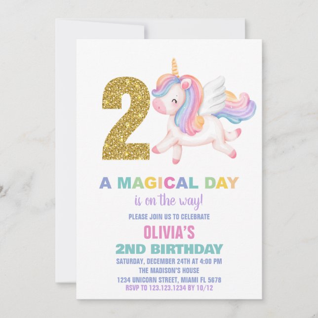 2nd Rainbow Unicorn Birthday Invitations (Front)