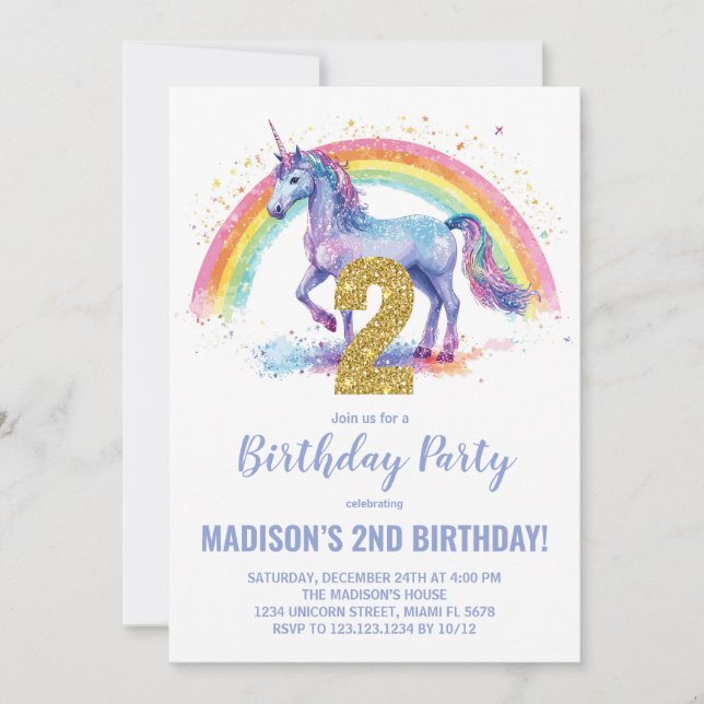 2nd Rainbow Unicorn Birthday Invitations (Front)