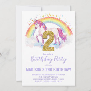 2nd Rainbow Unicorn Birthday Invitations