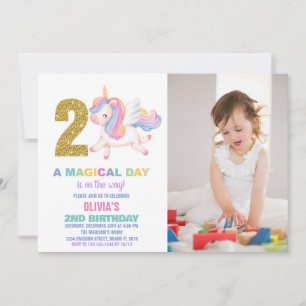 2nd Rainbow Unicorn Birthday Invitations w photo