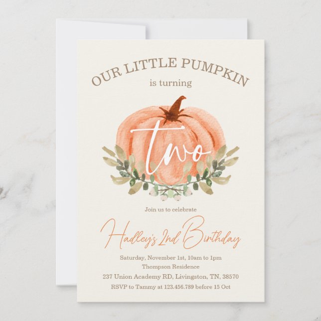 2nd Second Birthday Little Pumpkin Fall / Autumn   Invitation (Front)
