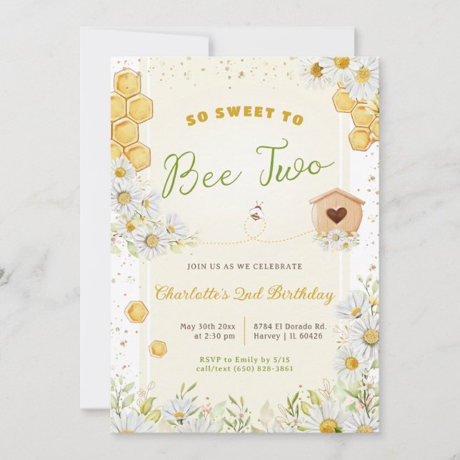 2nd Second Birthday Sweet Bee Two Girl Bumblebee Invitation (Front)