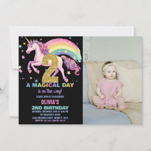 2nd Unicorn Birthday Invitations Black w photo