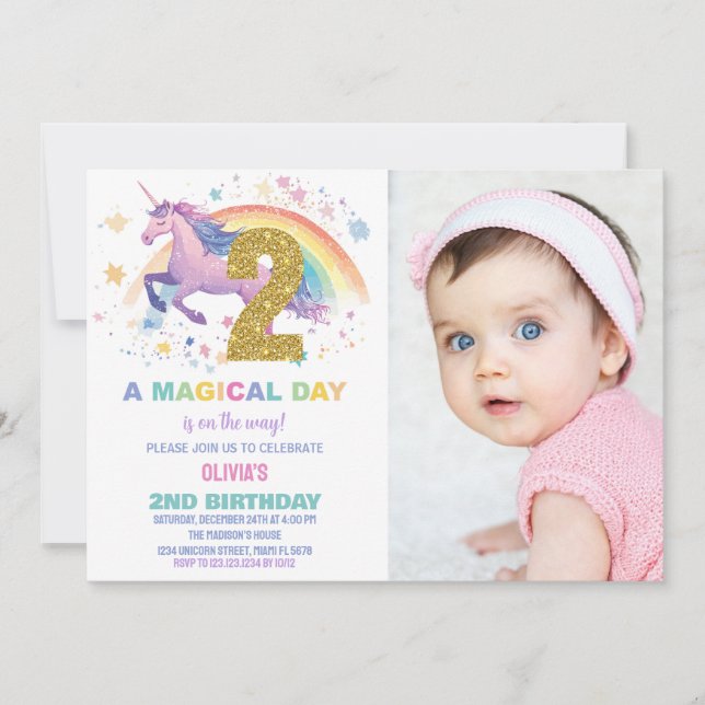 2nd Unicorn Birthday Invitations with photo (Front)