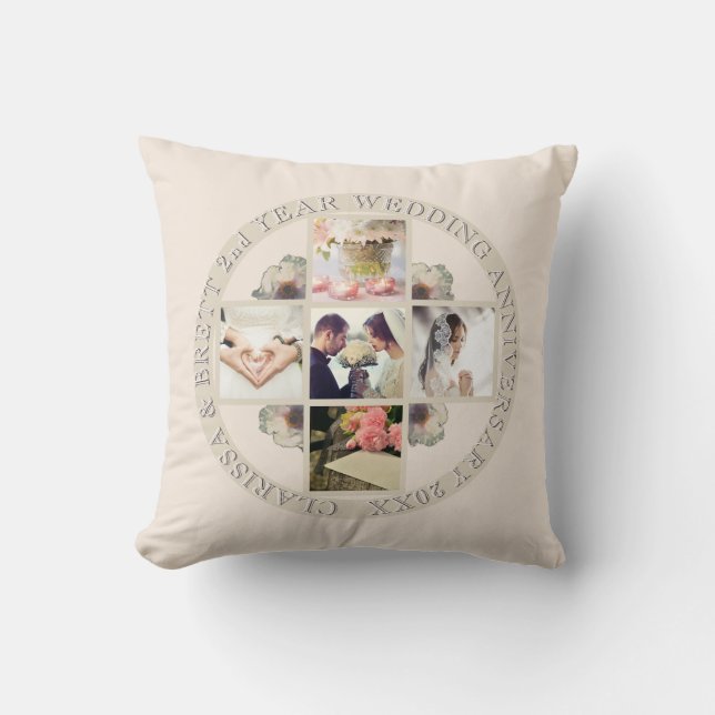 2nd Yr. Wedding Anniversary Cotton 5 Photos Throw Pillow (Front)