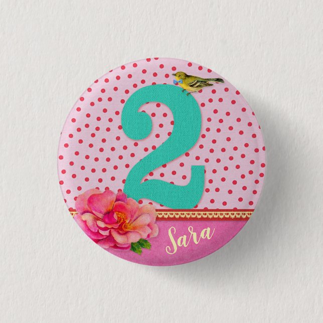 2rd birthday vintage bohemian flower 1 inch round button (Front)