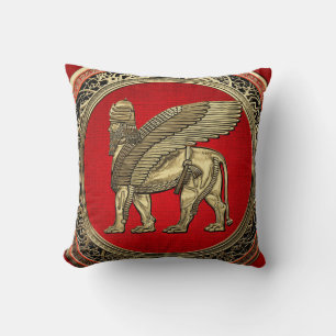 [300] Assyrian Winged Lion - Gold Lamassu Throw Pillow