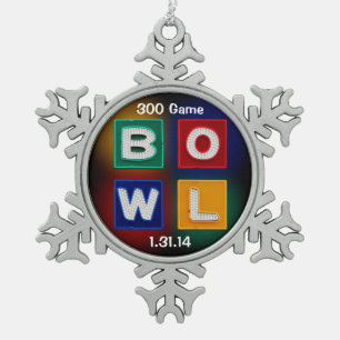 300 Perfect Game Bowling, Retro Design, Snowflake Pewter Christmas Ornament