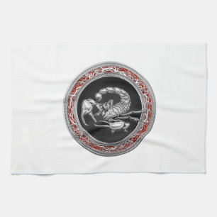 [300] Sacred Silver Scorpion on Black Kitchen Towel