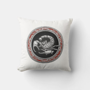 [300] Sacred Silver Scorpion on Black Throw Pillow