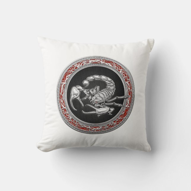 [300] Sacred Silver Scorpion on Black Throw Pillow (Front)