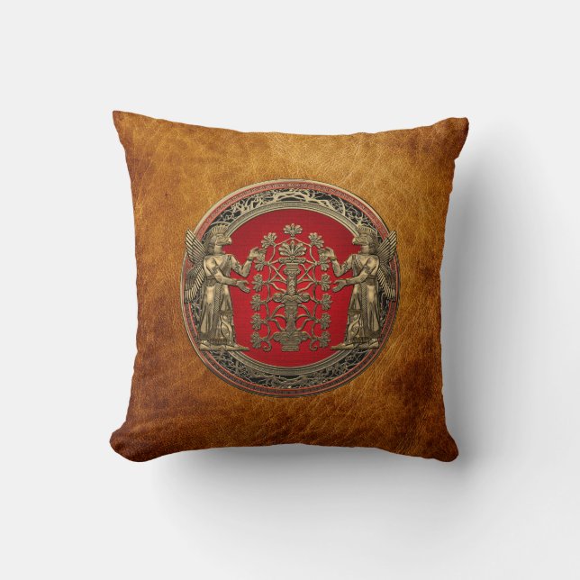 [300] Two Gold Ninurtas with Tree of Life Throw Pillow (Front)