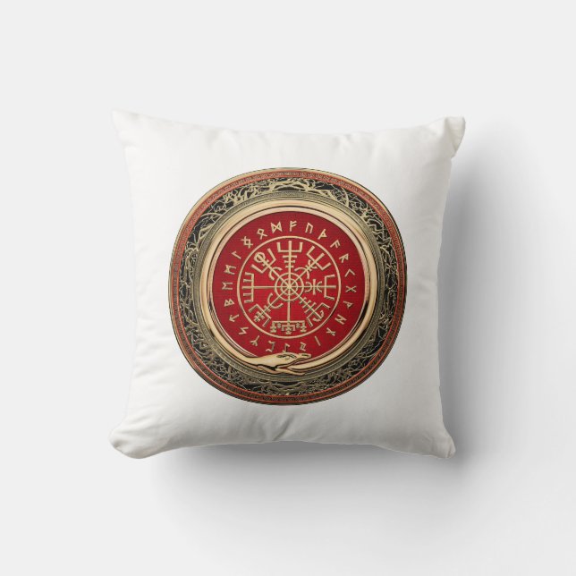 [300] Vegvisir - Viking Gold Magic Runic Compass Throw Pillow (Front)