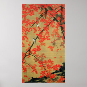 30. 紅葉小禽図, 若冲 Maple & Small Birds, Jakuchū Poster