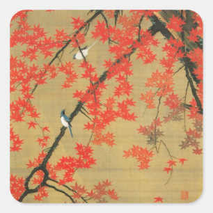 30. 紅葉小禽図, 若冲 Maple & Small Birds, Jakuchū Square Sticker
