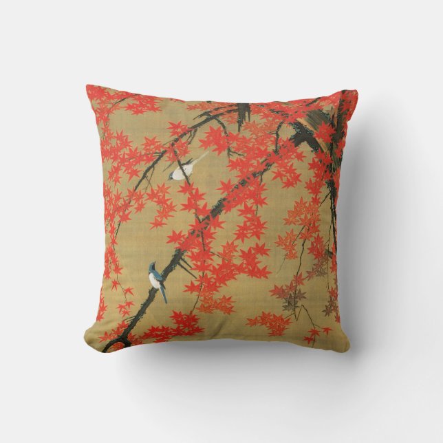 30. 紅葉小禽図, 若冲 Maple & Small Birds, Jakuchū Throw Pillow (Front)