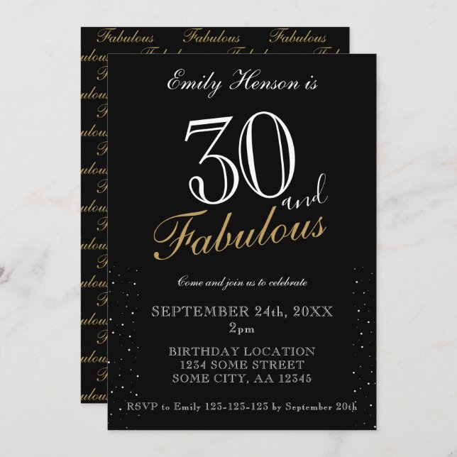 30 and Fabulous Black Elegant Script Birthday Invitation (Front/Back)