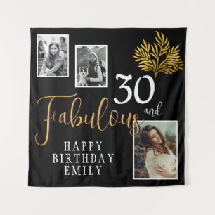 30 and Fabulous Gold Foliage 3 Photo Birthday  Tapestry