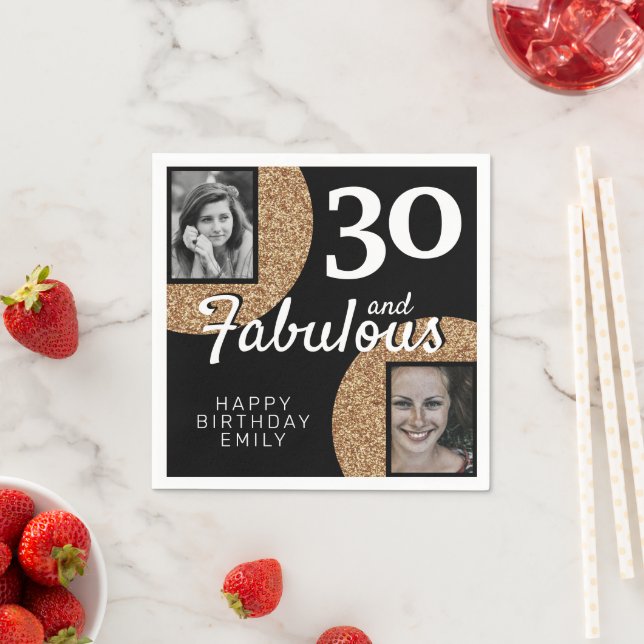 30 and Fabulous Gold Glitter 2 Photo 30th Birthday Napkin (Insitu)