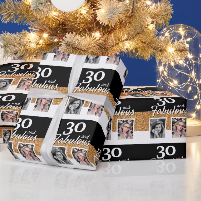 30 and Fabulous Gold Glitter 2 Photo 30th Birthday Wrapping Paper (Holidays)