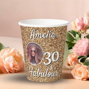 30 and Fabulous Gold Glitter 30th Birthday Photo Paper Cups