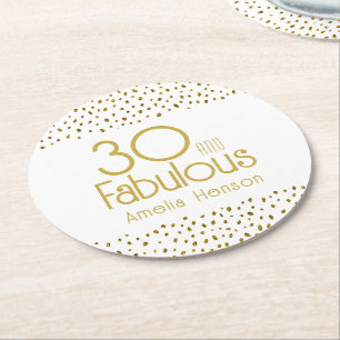 30 and Fabulous Gold Glitter 30th Birthday Round Paper Coaster