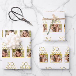 30 and Fabulous Gold White Photo 30th Birthday Wrapping Paper Sheet