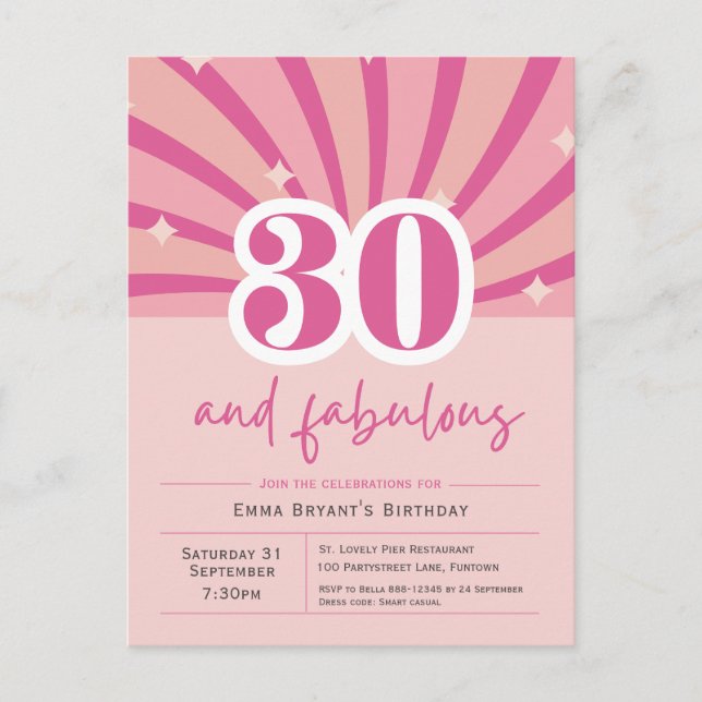 30 and Fabulous Pink 30th Birthday Invitation Postcard (Front)