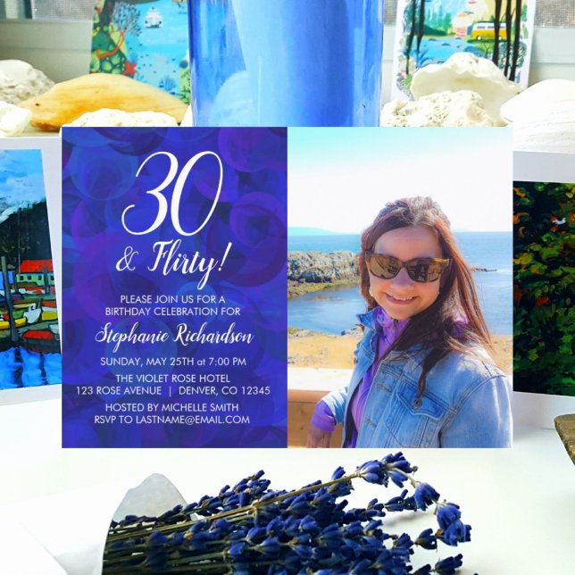 30 and Flirty Royal Blue Photo Birthday Party Invitation (Creator Uploaded)