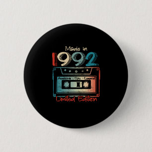 30 Birthday Gifts Year Old Made in 1992 Cassette 2 Inch Round Button