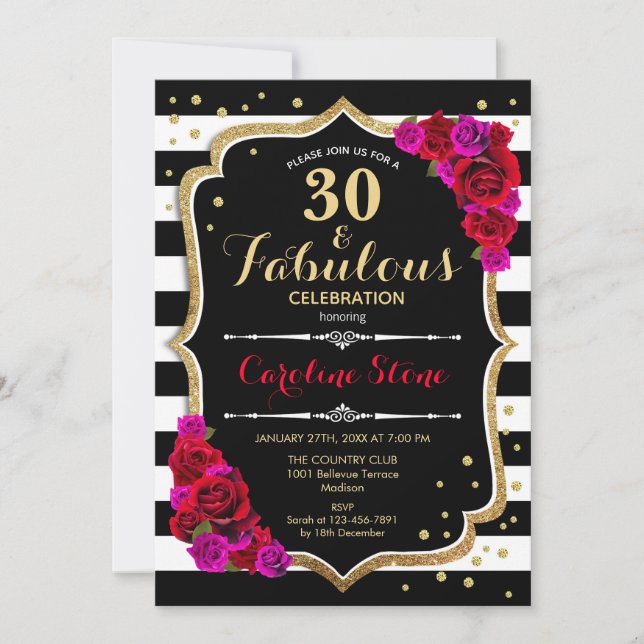 30 Fabulous Birthday - Black White Stripes Roses Invitation (Front)