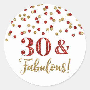 30 & Fabulous Birthday Red Gold Confetti  Classic Round Sticker