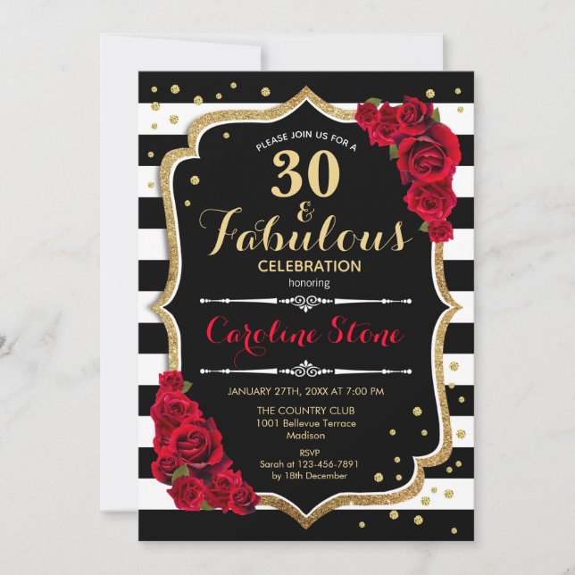 30 Fabulous Birthday -  Roses Black White Stripes Invitation (Front)