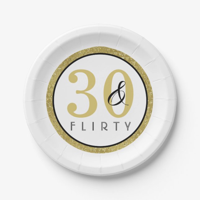 30 & Flirty Gold Black 30th Birthday Party  Paper Plate (Front)