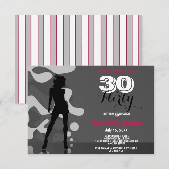 30 & FLIRTY Modern 30th Birthday Hot Pink Stylish Invitation (Front/Back)