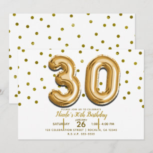 30 Gold Balloons & Confetti 30th Birthday Party Invitation
