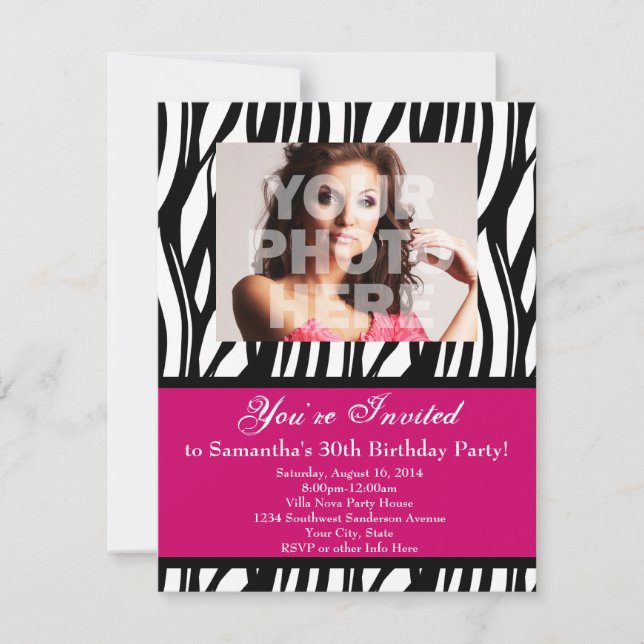 30 Invitations Personnalisées Pink Zebra Swirl (Devant)