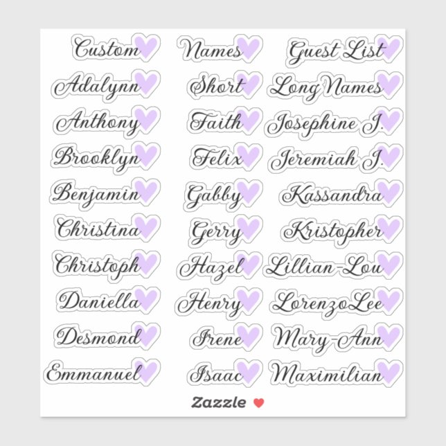 30 Names Custom Guest List Calligraphy Lilac Heart (Sheet)