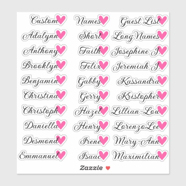 30 Names Custom Guest List Calligraphy Pink Heart (Sheet)