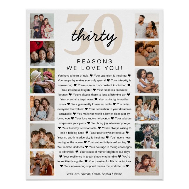 30 Reasons We Love You Birthday Keepsake Gift Poster (Front)