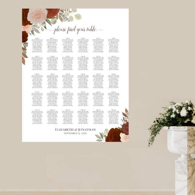 30 Table Rustic Fall Roses Wedding Seating Chart (In Situ on Wall)