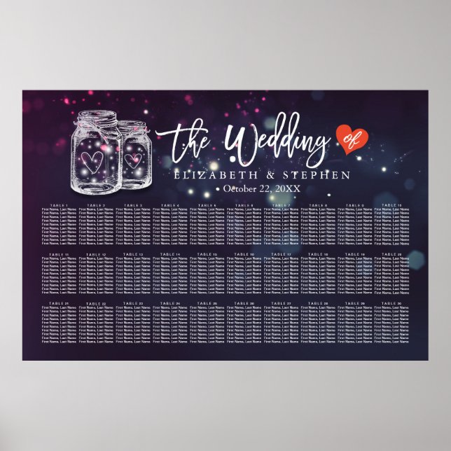 30+ Tables Wedding Seating Chart  Mason Jar Lights (Front)